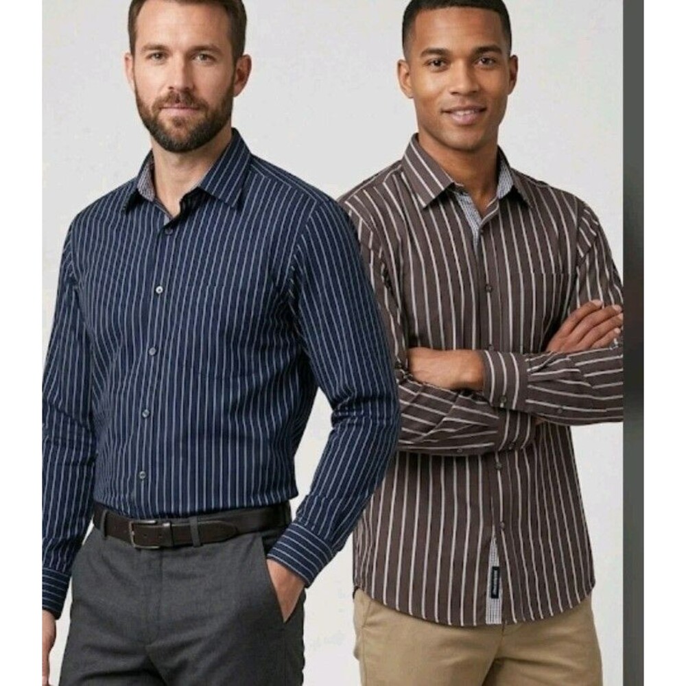 Lot of 2 Alfani Fitted  Shirt's Size L (16) (16.5) 34-35 Striped Brown/Blue